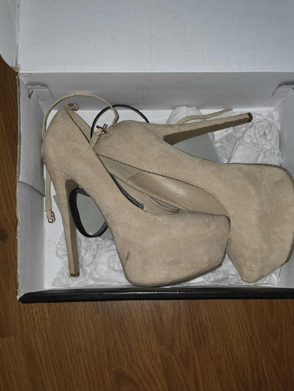 JustFab Taupe Suede Platform Stiletto Heels with Ankle Strap - Picture 1 of 6